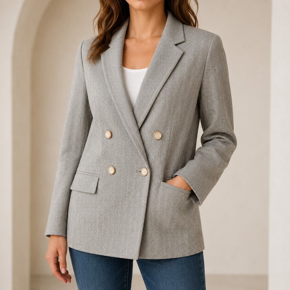 Ann Taylor Blazer Womens 14 Gray Herringbone Double Breasted Stretch Jacket